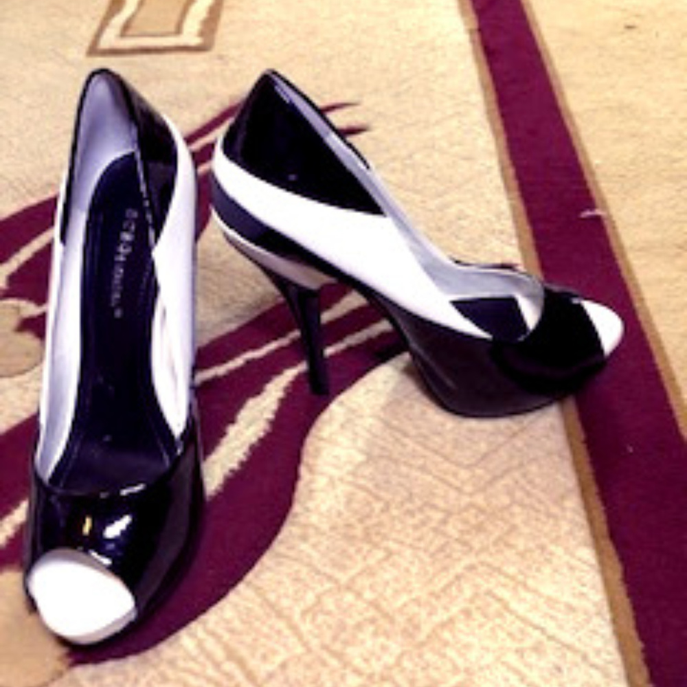 BCBG Black and White Platform Peep Toe Heels